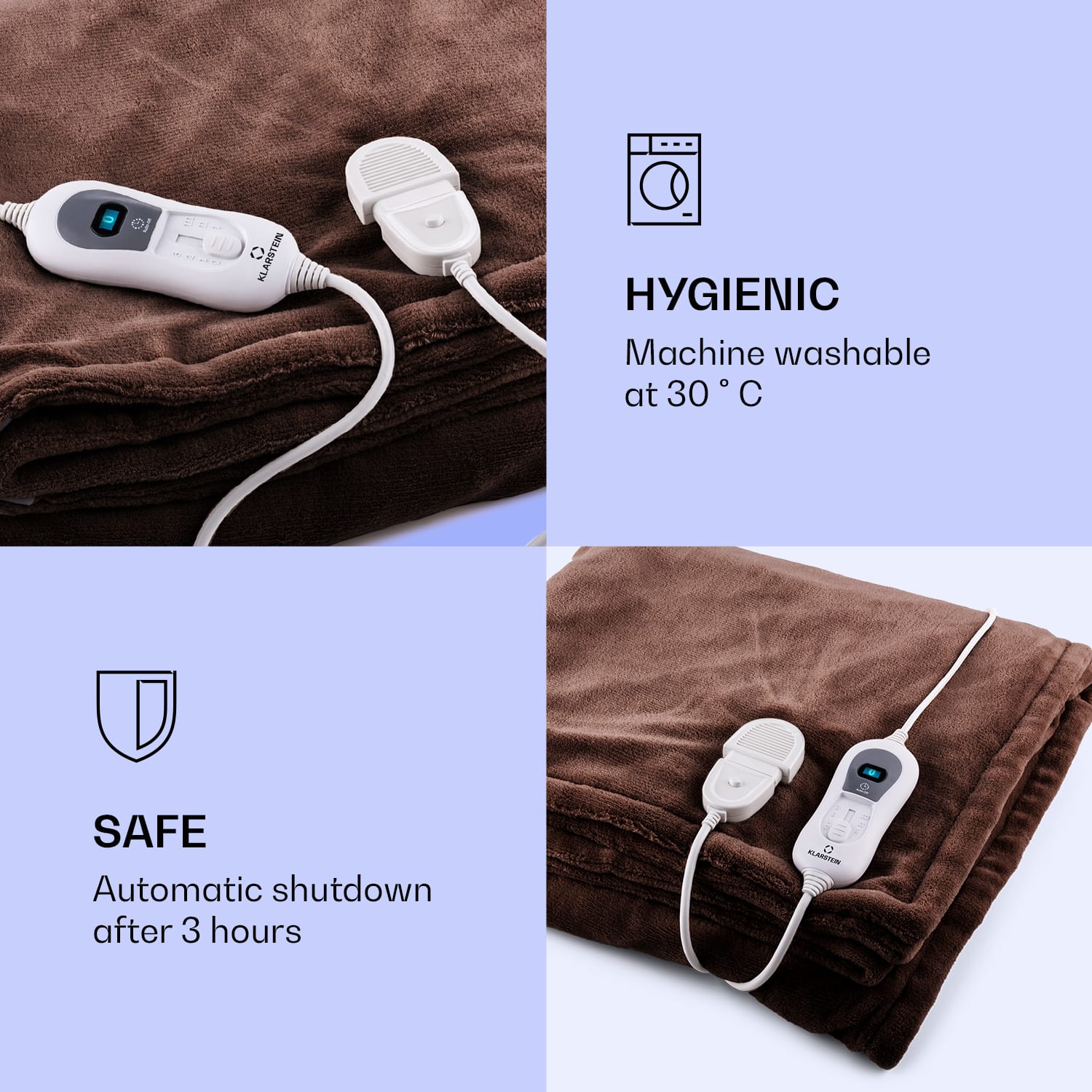 Klarstein Dr. Watson XL, vyhrievacia deka, 120 W, 180 x 130 cm, prateľná, mikroplyš, hnedá – Obrázok 2