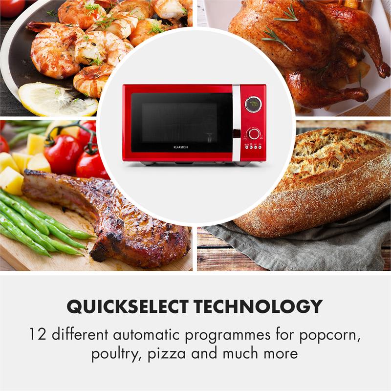 Klarstein Fine Dinesty, mikrovlnná rúra 2 v 1, 23 l, 800 W, gril: 1000 W, retro, 12 programov, červená – Obrázok 4