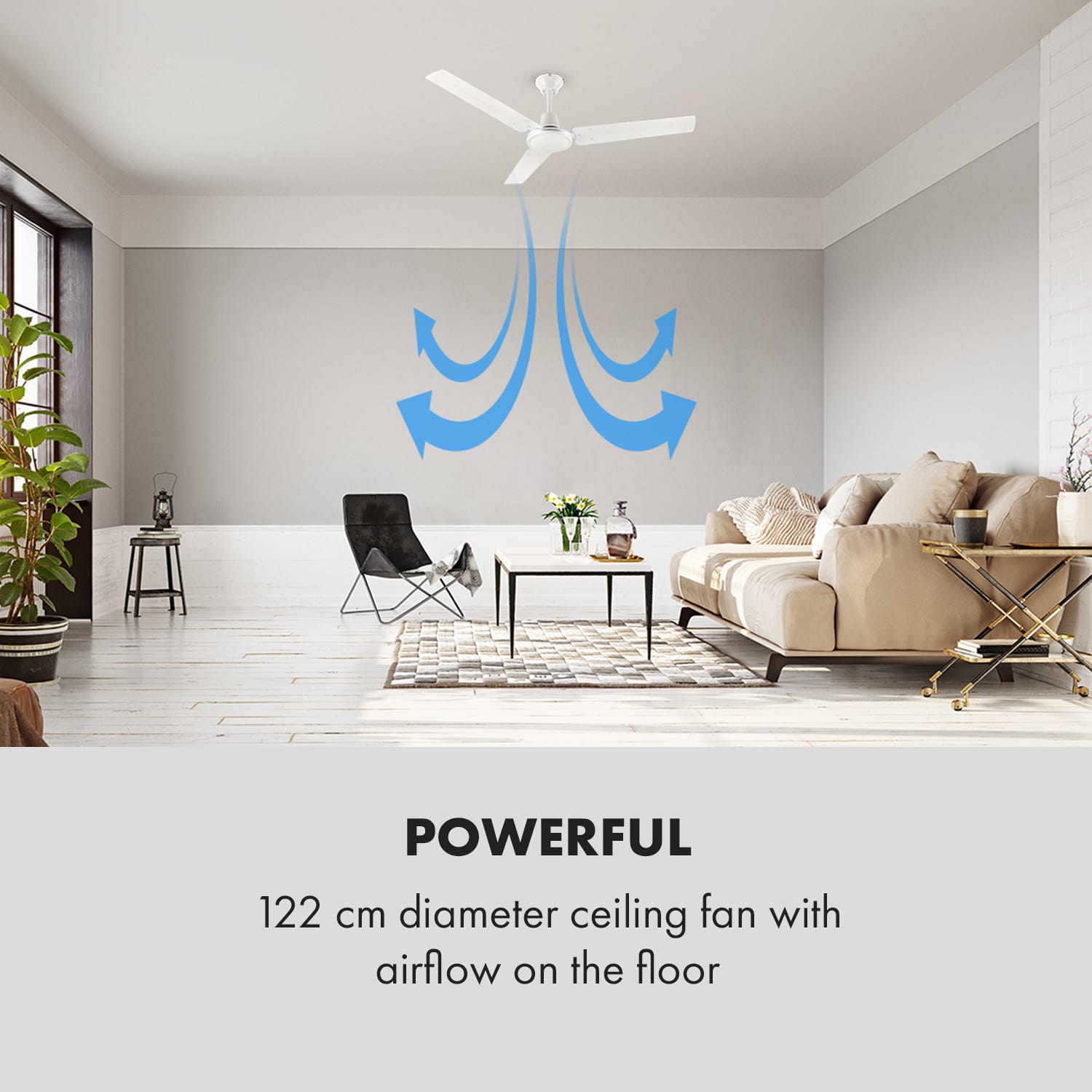 Klarstein Spin Doctor, stropný ventilátor, 55 W, 122 cm, 3 ramená, nehrdzavejúca oceľ, biely – Obrázok 3