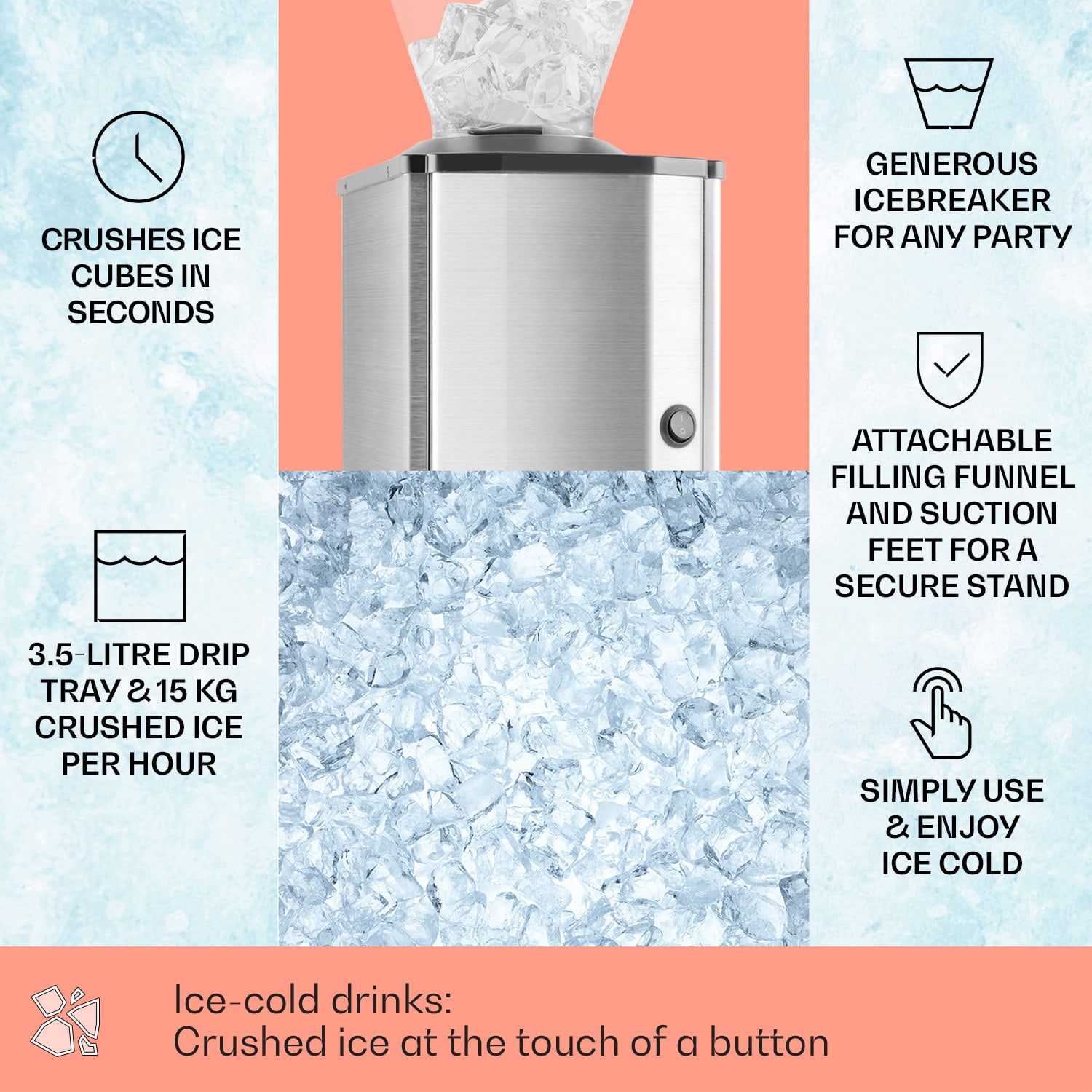 OneConcept Icebreaker, drvič ľadu, 15 kg/h, objem 3,5 l, zásobník na ľad, nehrdzavejúca oceľ