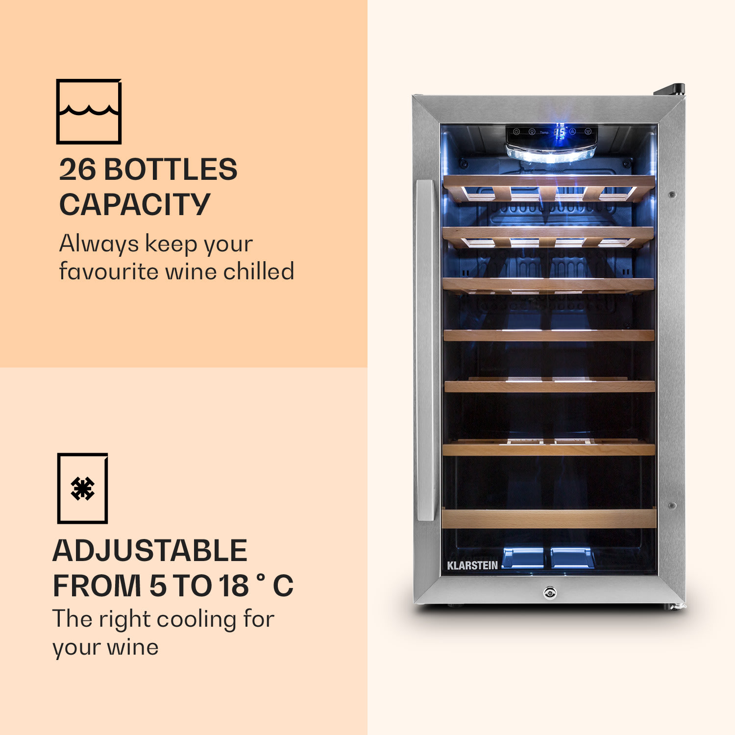 Klarstein Vivo Vino 26, 88 l, vinotéka, 26 fliaš, čierna, LED – Obrázok 2