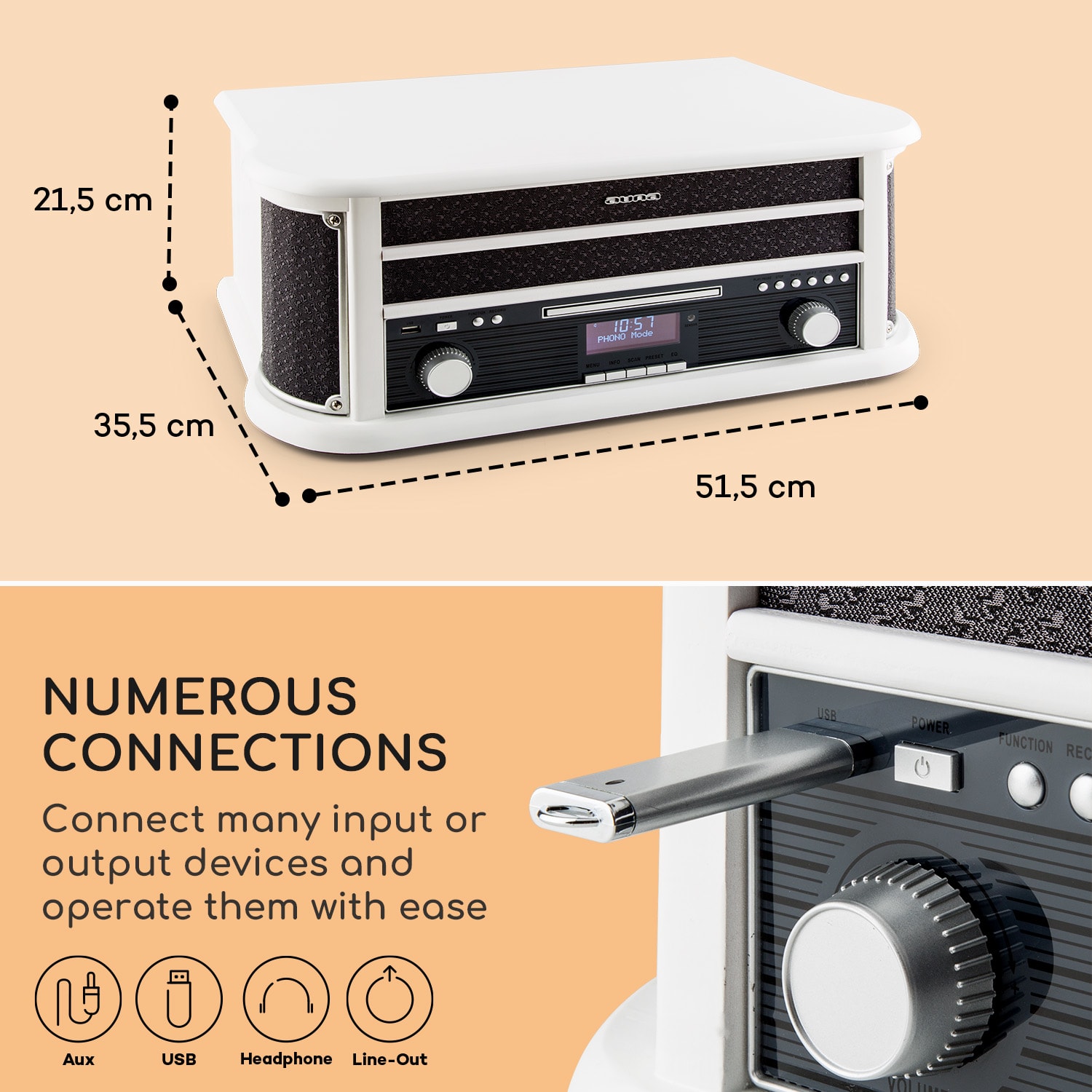 Auna Belle Epoque 1908 DAB, biely, retro stereo systém, gramofón, DAB+ – Obrázok 5