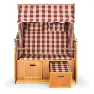 Blumfeldt Hiddensee, plážové sedenie, plážový kôš XL, dvojsedadlo, ležadlo, borovica, červené/biele, károvaný motív