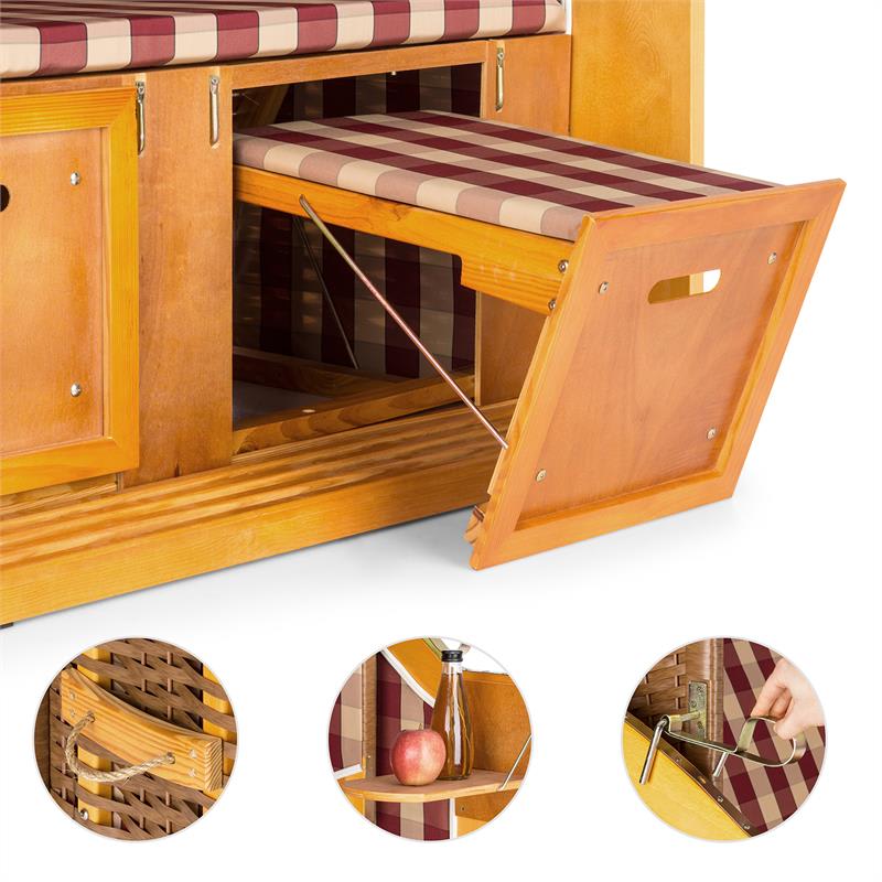 Blumfeldt Hiddensee, plážové sedenie, plážový kôš XL, dvojsedadlo, ležadlo, borovica, červené/biele, károvaný motív – Obrázok 3