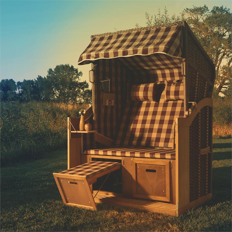 Blumfeldt Hiddensee, plážové sedenie, plážový kôš XL, dvojsedadlo, ležadlo, borovica, červené/biele, károvaný motív – Obrázok 4