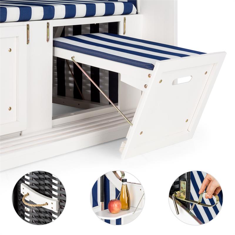 Blumfeldt Hiddensee, plážové sedenie, plážový kôš XL, dvojsedadlo, ležadlo, borovica, modré/biele, pruhovaný motív – Obrázok 3