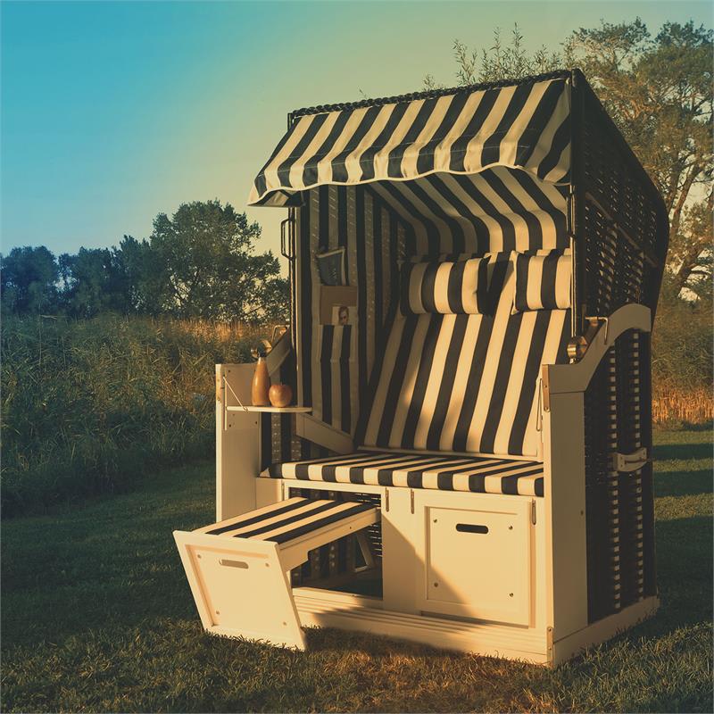 Blumfeldt Hiddensee, plážové sedenie, plážový kôš XL, dvojsedadlo, ležadlo, borovica, modré/biele, pruhovaný motív – Obrázok 4