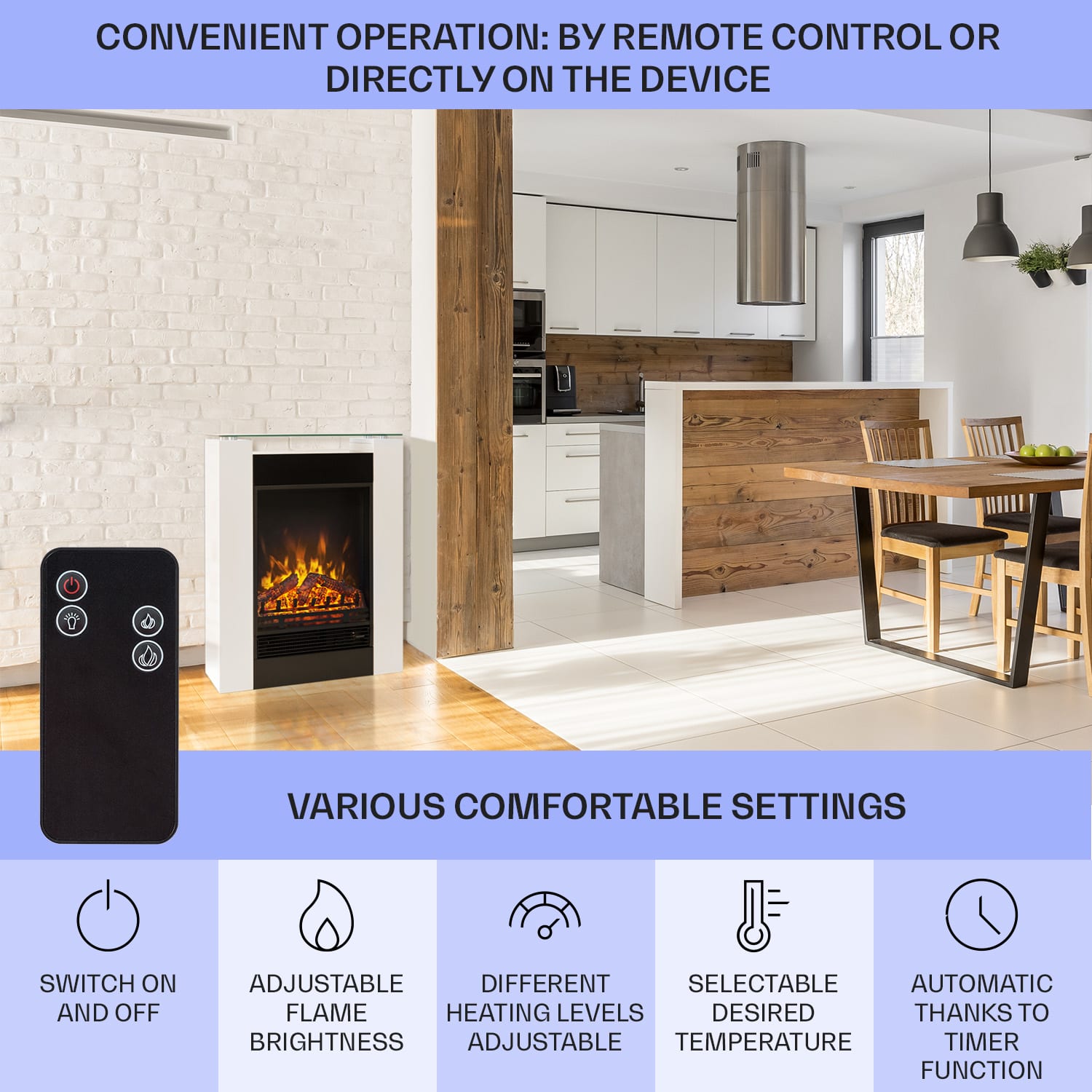 Klarstein Studio-5, elektrický krb, teplovzdušný ventilátor, 900/1800 W, diaľkové ovládanie, biely – Obrázok 5