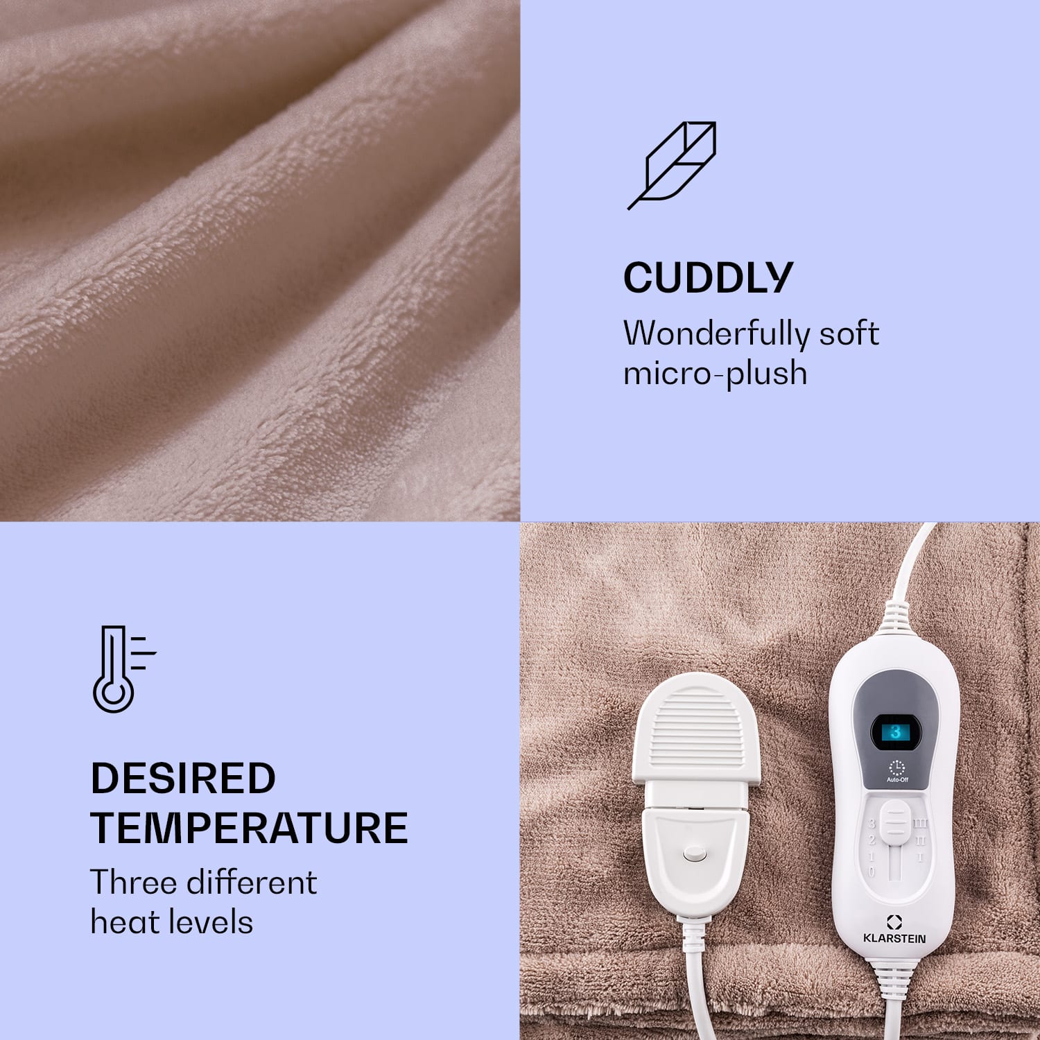 Klarstein Dr. Watson XXL, vyhrievacia deka, 3 stupne ohrevu, prateľná, 200 x 180 cm, mikroplyš – Obrázok 2