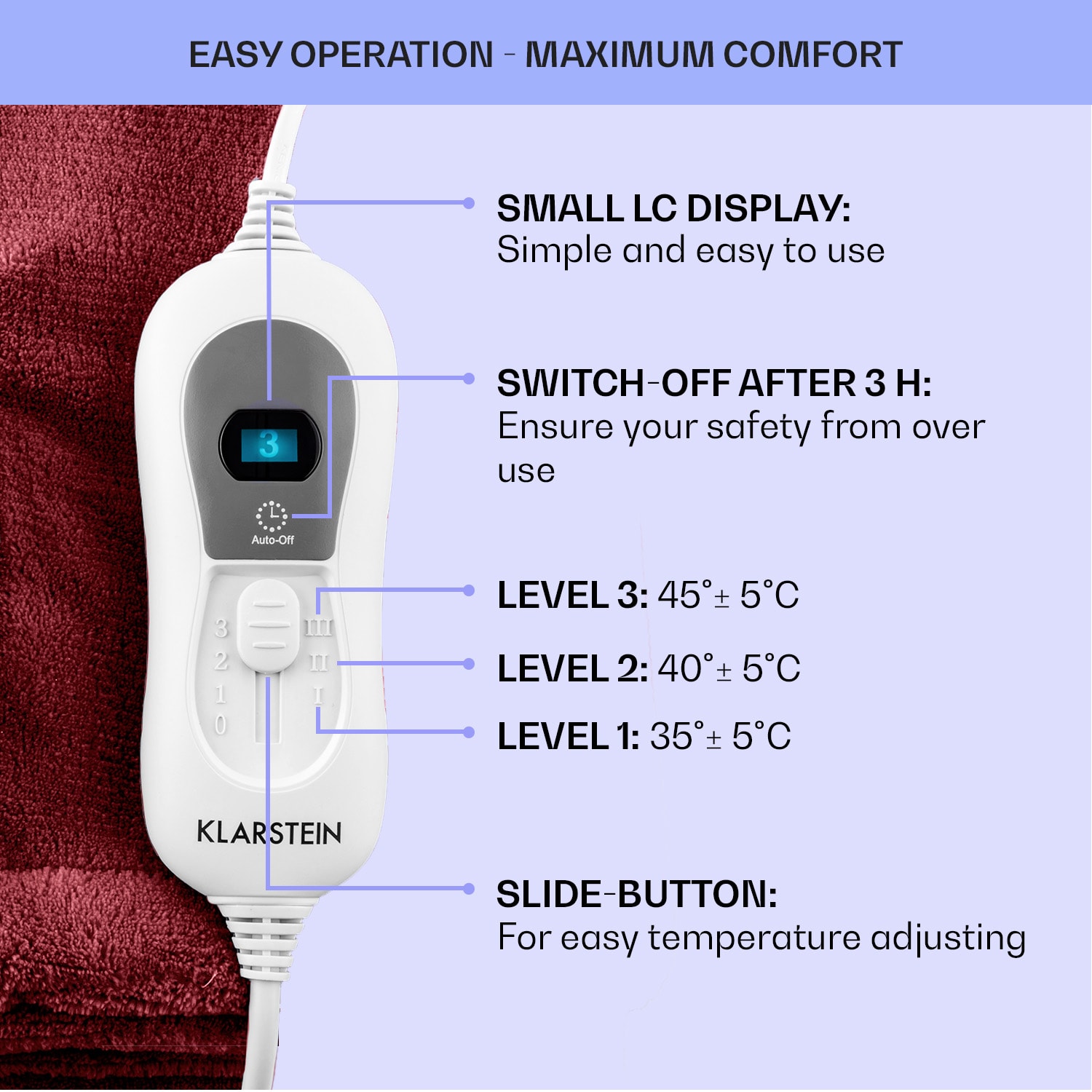 Klarstein Dr. Watson XL, vyhrievacia deka, 120 W, 3 úrovne ohrevu, 180 x 130 cm, ovládací panel – Obrázok 5