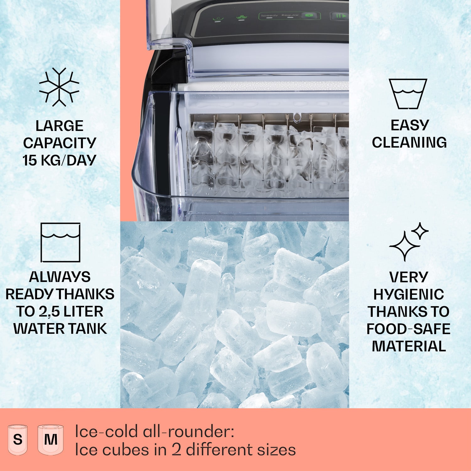 Klarstein Kristall, výrobník ľadu, krištáľovo číry ľad, 2 veľkosti, 2,5 l nádržka na vodu