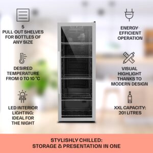 Klarstein Beersafe 6XL, chladnička na nápoje, 201 l, 0-10°C, sklo, energet. trieda G, nehrdzavejúca oceľ