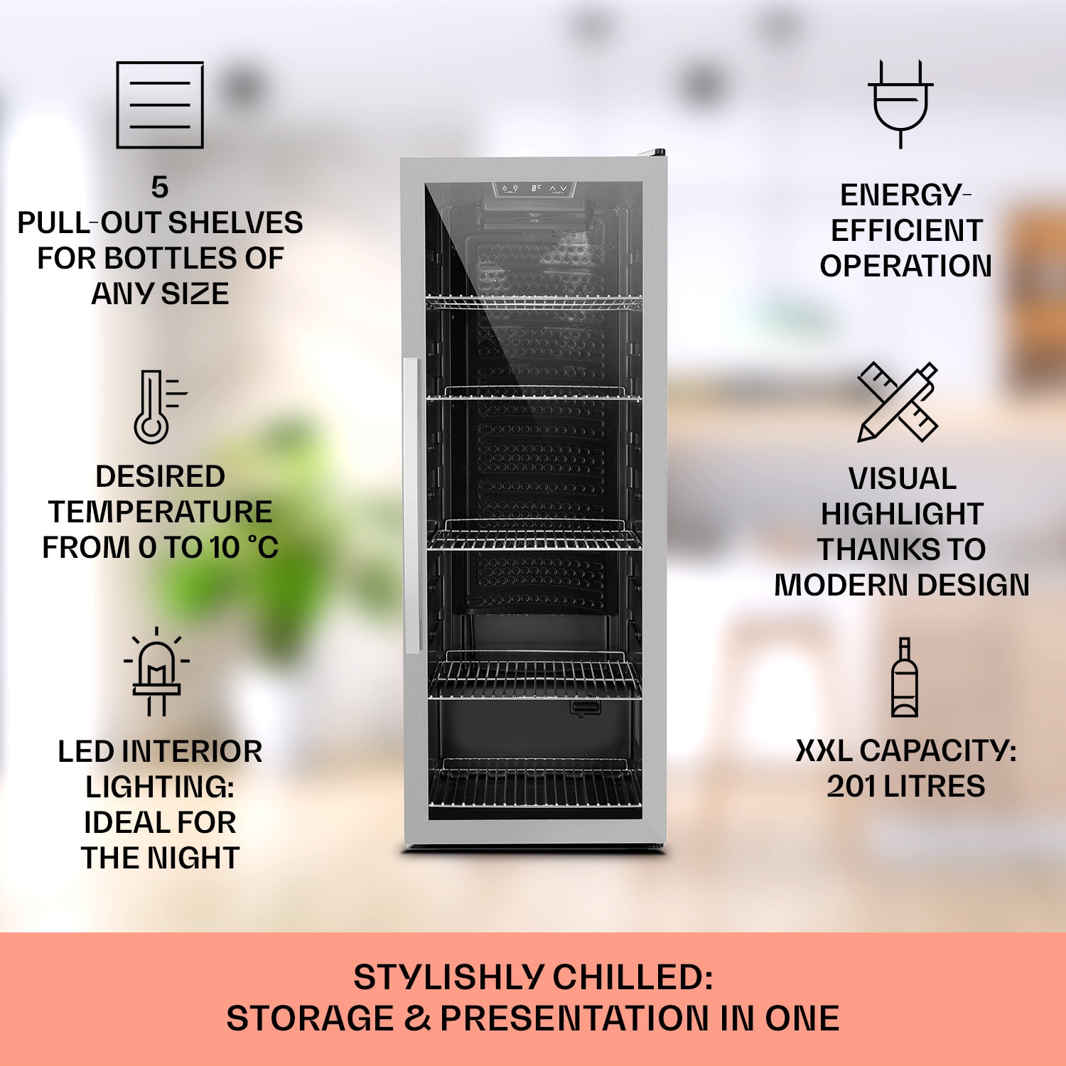 Klarstein Beersafe 6XL, chladnička na nápoje, 201 l, 0-10°C, sklo, energet. trieda G, nehrdzavejúca oceľ