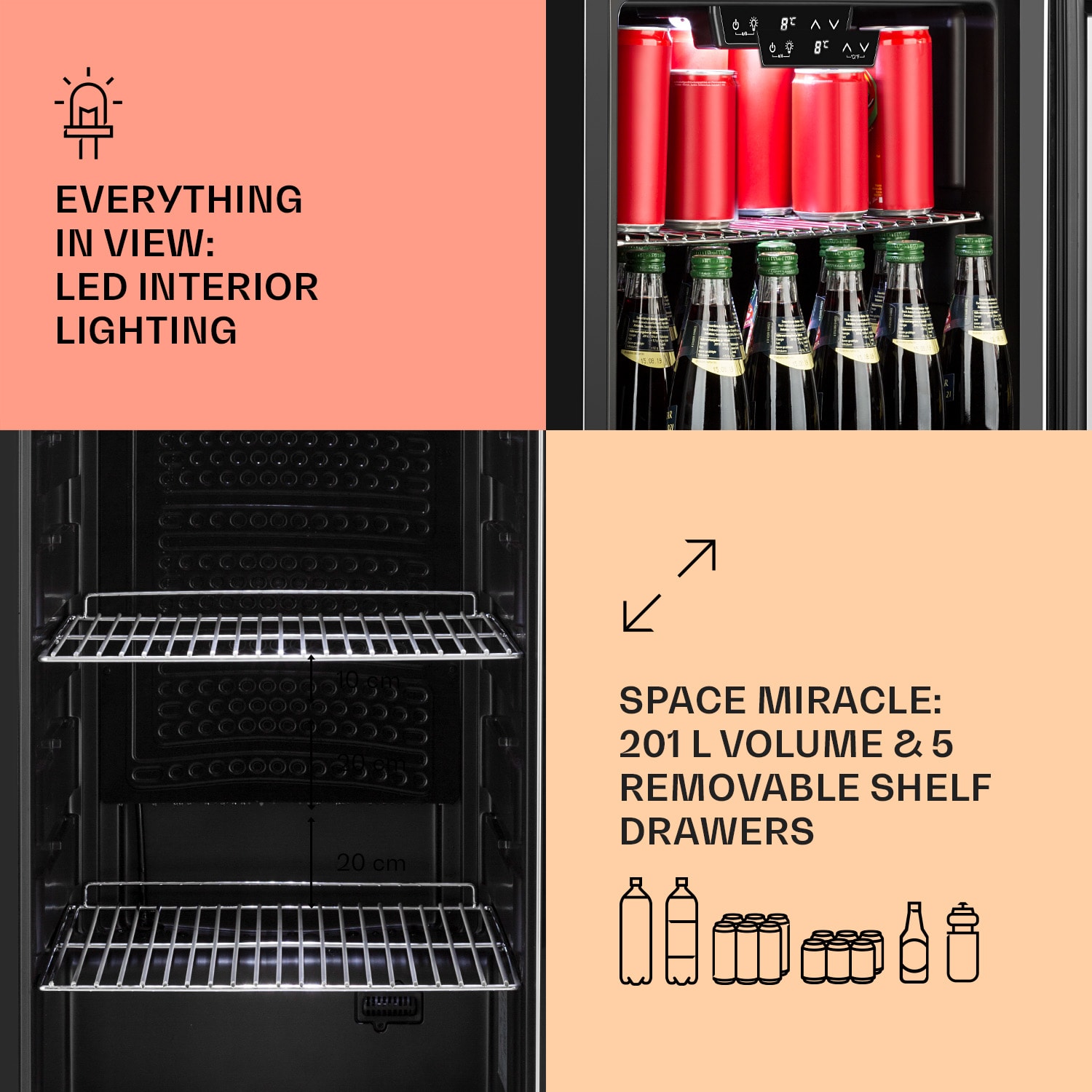 Klarstein Beersafe 6XL, chladnička na nápoje, 201 l, 0-10°C, sklo, energet. trieda G, nehrdzavejúca oceľ – Obrázok 3