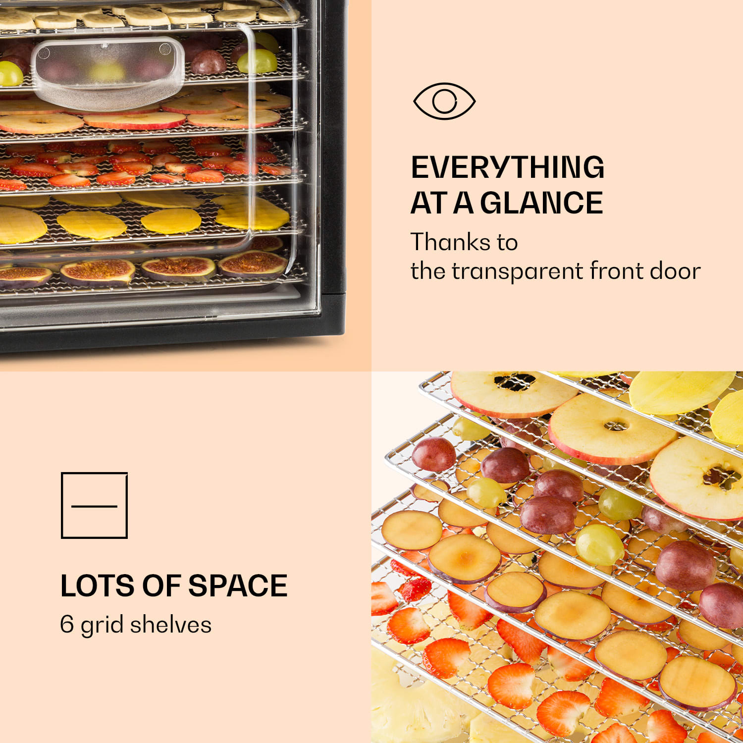 Klarstein Fruit Jerky Plus 6, sušička ovocia, 420-500 W, časovač, 6 poschodí, čierna – Obrázok 2