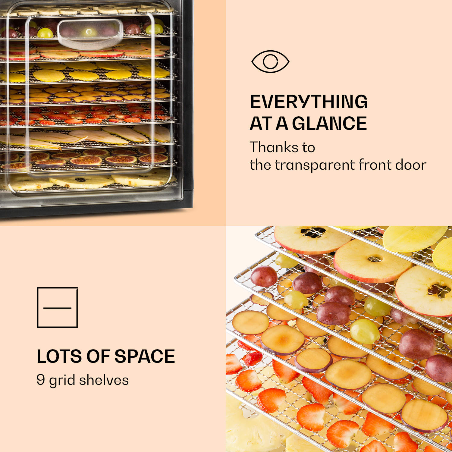 Klarstein Fruit Jerky Plus 9, sušička ovocia, 600-700 W, 35-70 °C, časovač, 9 poschodí – Obrázok 2