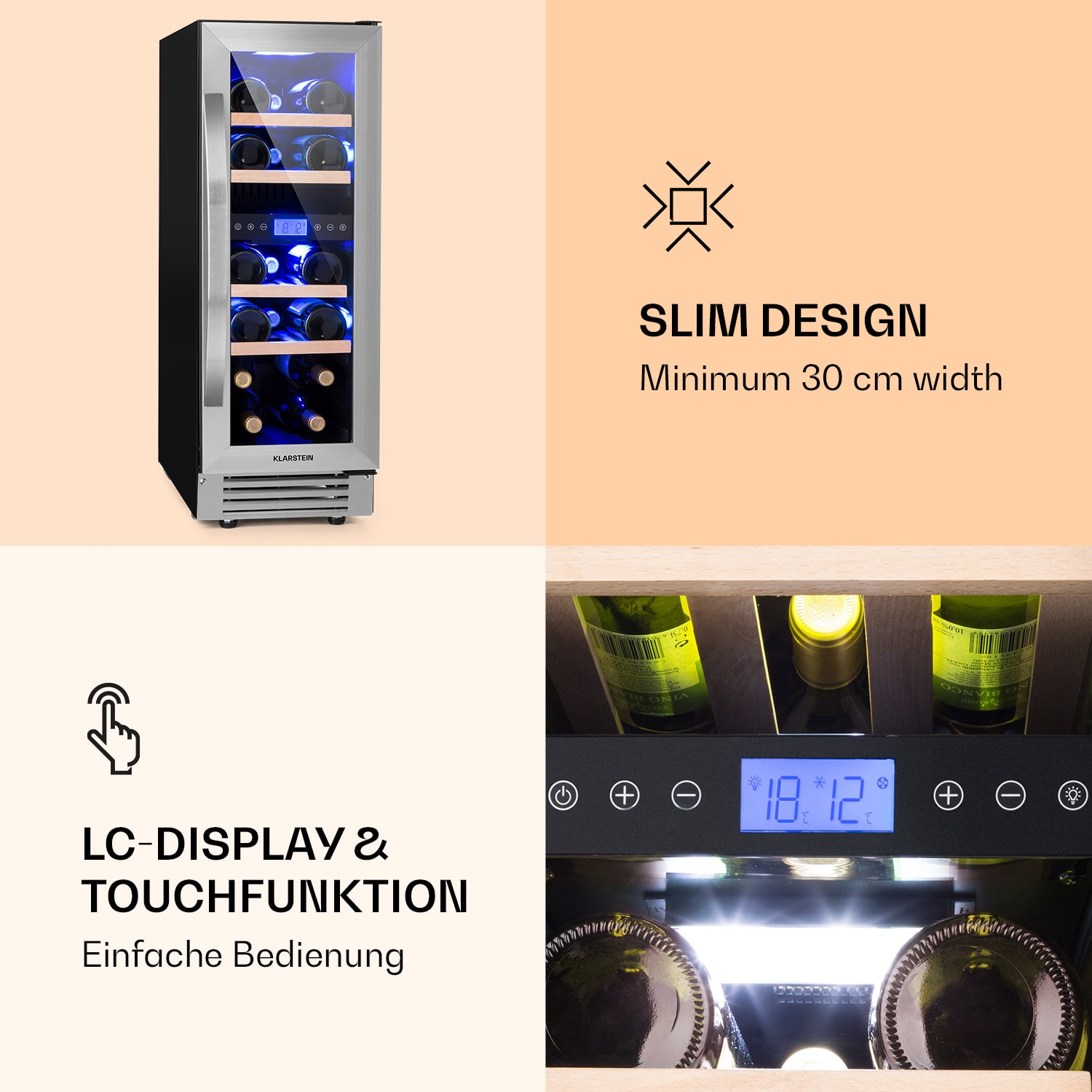 Klarstein Vinovilla Duo 17, dvojzónová vinotéka, 53 l, 17 fliaš, 3-farebné LED osvetlenie, sklenené dvierka – Obrázok 4