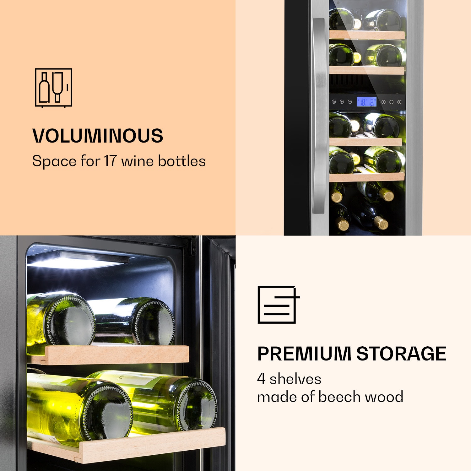 Klarstein Vinovilla Duo 17, dvojzónová vinotéka, 53 l, 17 fliaš, 3-farebné LED osvetlenie, sklenené dvierka – Obrázok 5