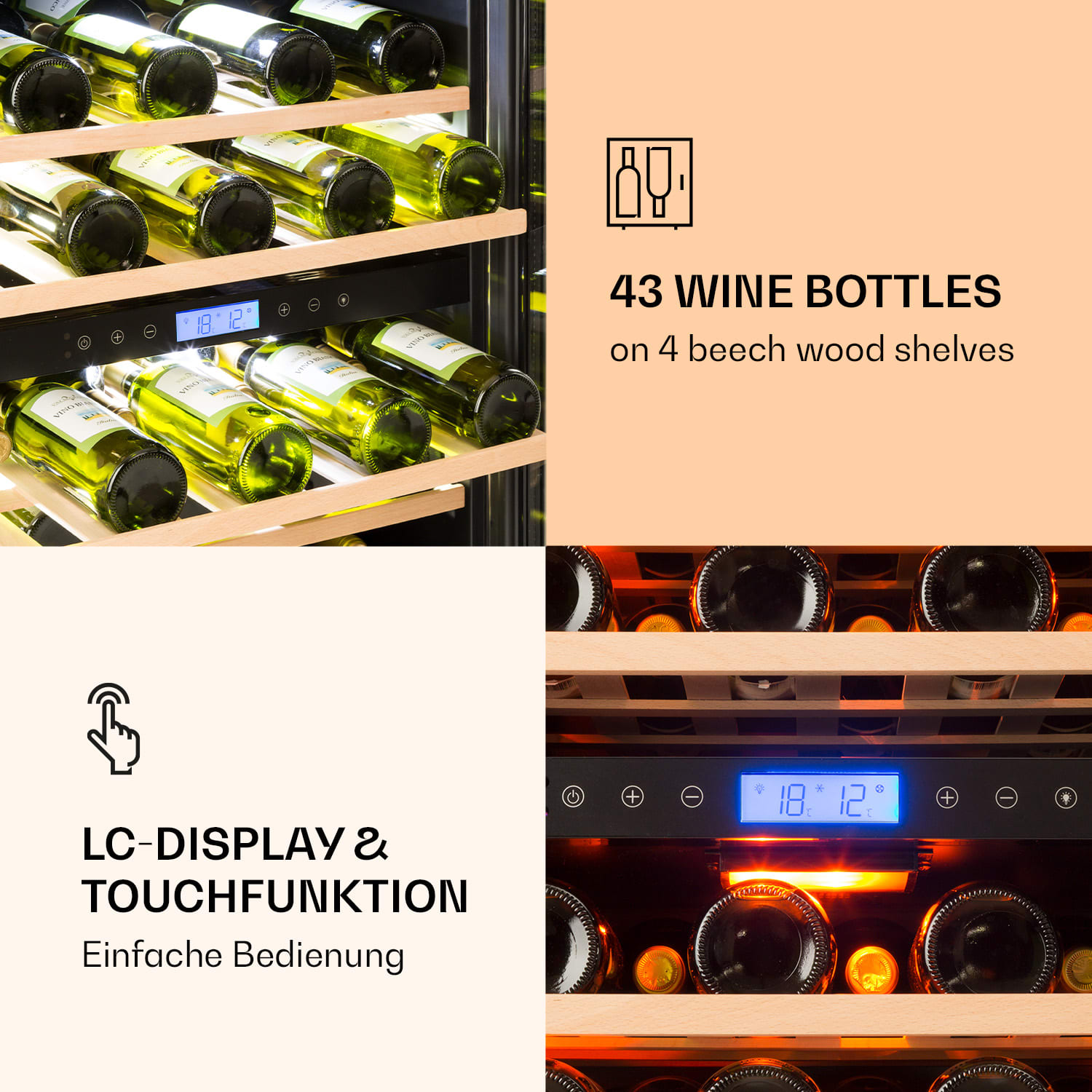 Klarstein Vinovilla Duo43, dvojzónová vinotéka, 129 l, 43 fliaš, 3-farebné LED osvetlenie, sklenené dvere – Obrázok 4