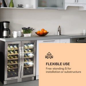 Klarstein Vinovilla Duo 42, dvojzónová vinotéka, 126 l, 42 fliaš, 3 farebné LED osvetlenie, sklenené dvere