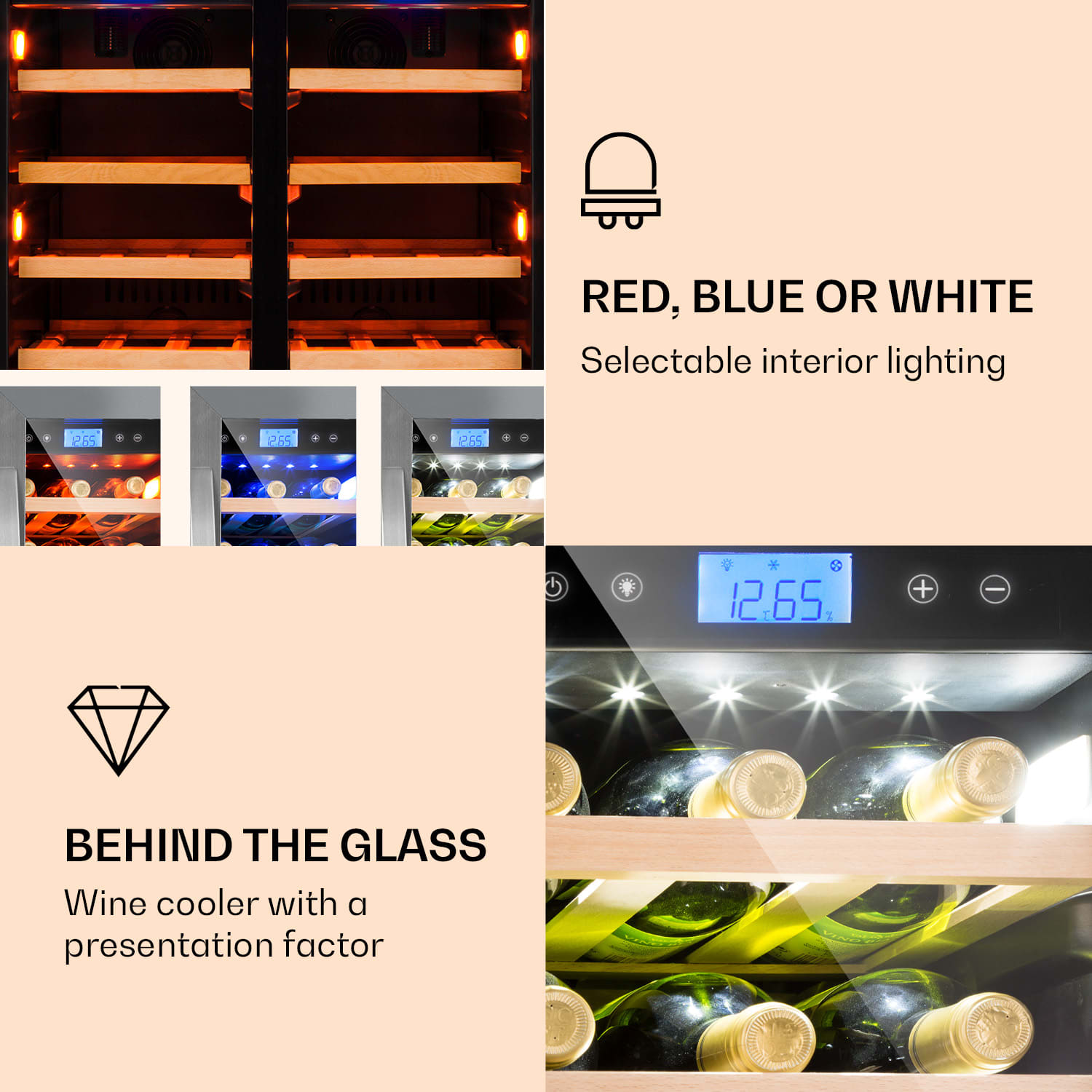 Klarstein Vinovilla Duo 42, dvojzónová vinotéka, 126 l, 42 fliaš, 3 farebné LED osvetlenie, sklenené dvere – Obrázok 2