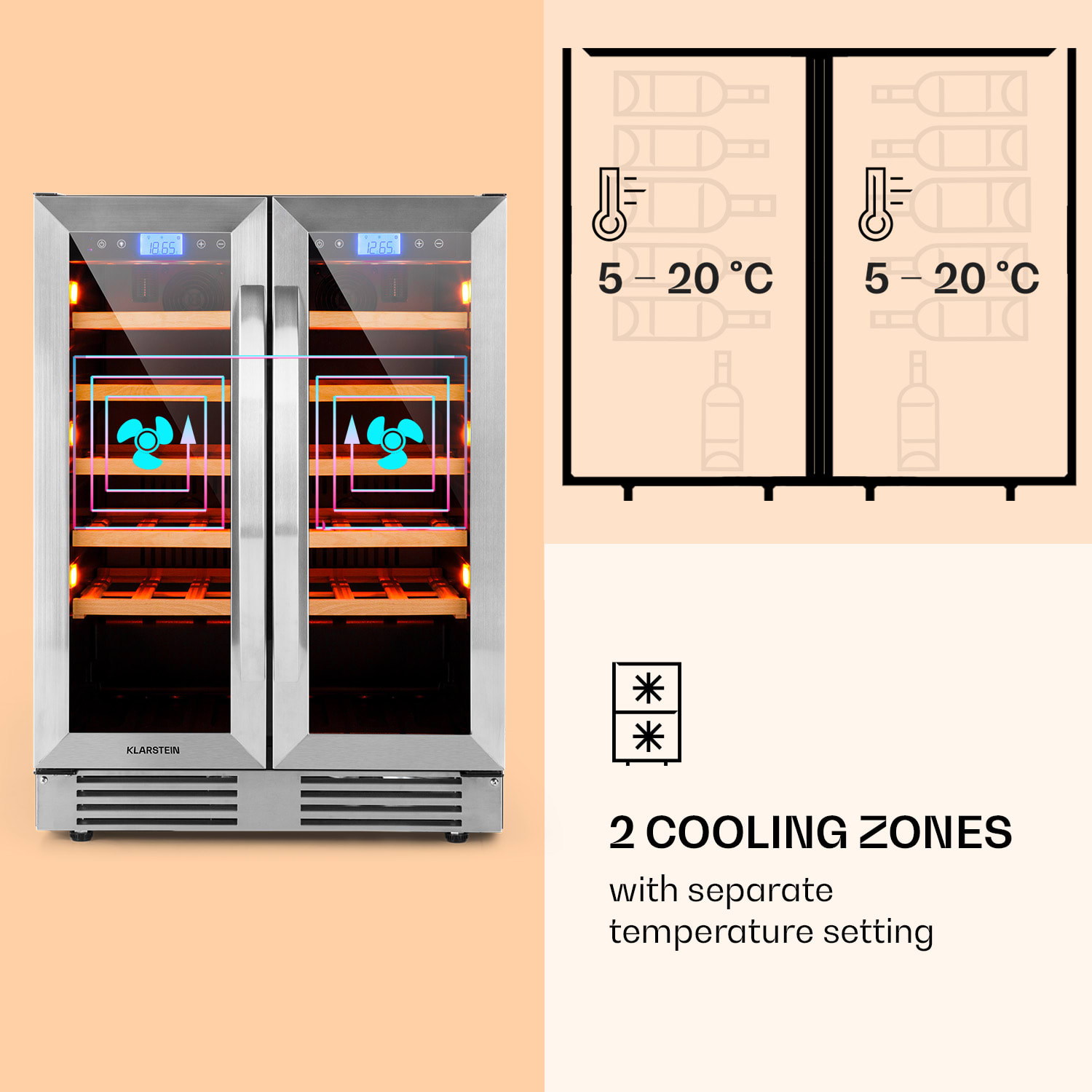 Klarstein Vinovilla Duo 42, dvojzónová vinotéka, 126 l, 42 fliaš, 3 farebné LED osvetlenie, sklenené dvere – Obrázok 3