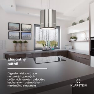 Klarstein Tron Ambience, digestor, 38 cm, ostrovčekový, 540 m³/h, LED, nehrdzavejúca oceľ