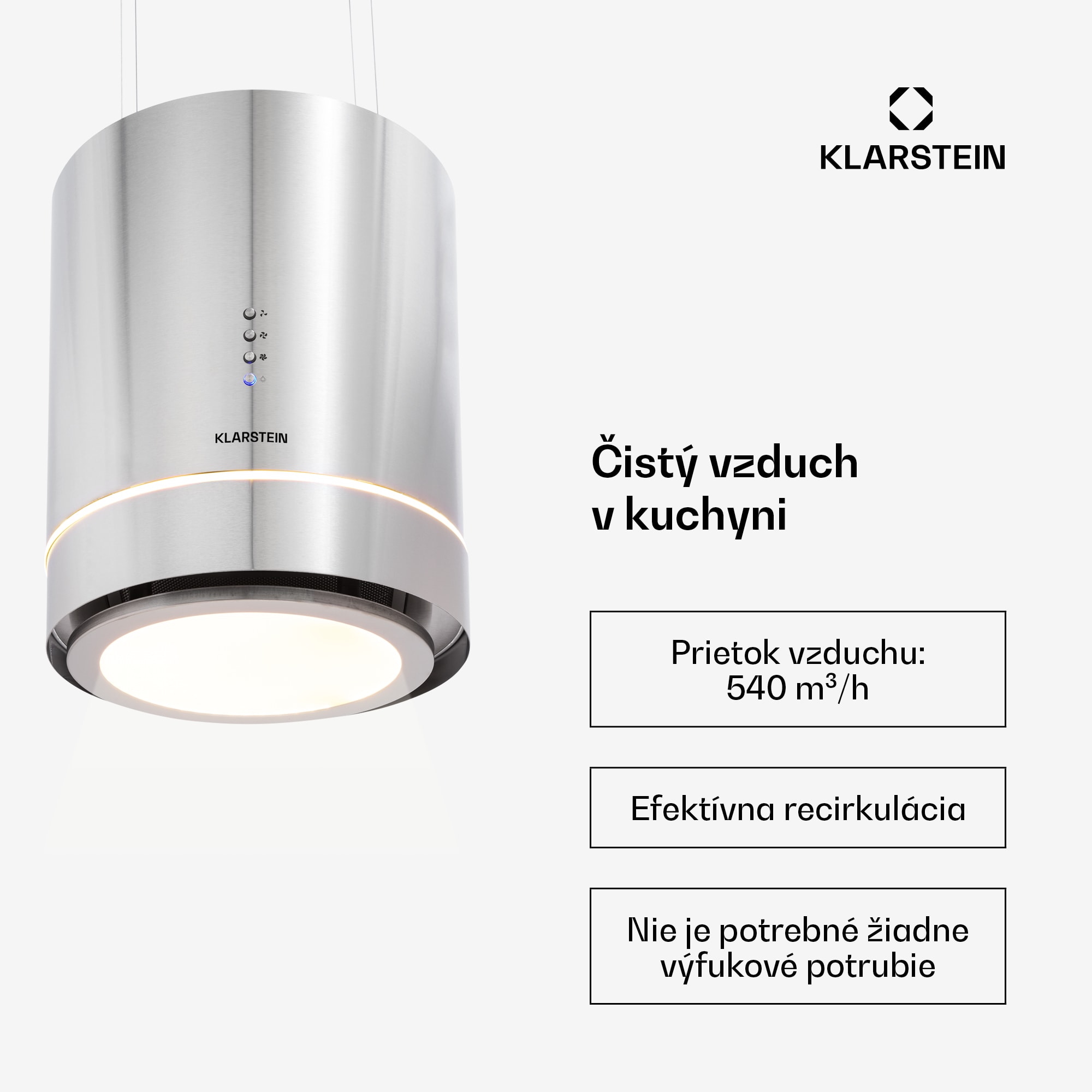 Klarstein Tron Ambience, digestor, 38 cm, ostrovčekový, 540 m³/h, LED, nehrdzavejúca oceľ – Obrázok 2