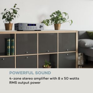 Auna AV2-CD850BT, 4-zónový HiFi stereo zosilňovač, 8 x 50 W RMS, bluetooth, USB, strieborný