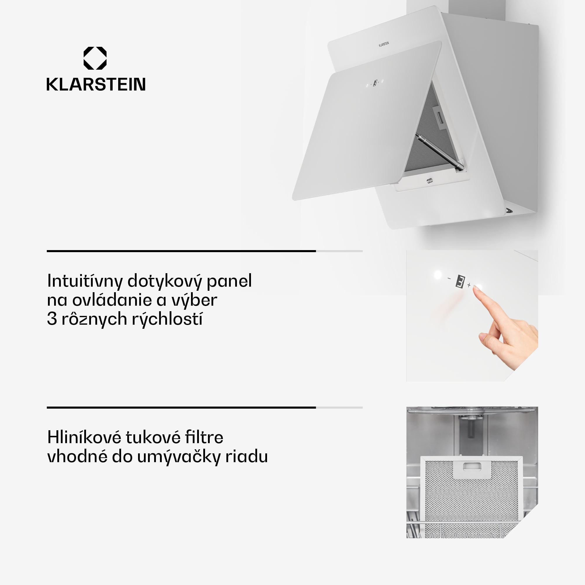 Klarstein Aurica 60, digestor, 60 cm, nástenný, 610 m³/h, LED, dotykové ovládanie, sklo, biely – Obrázok 5