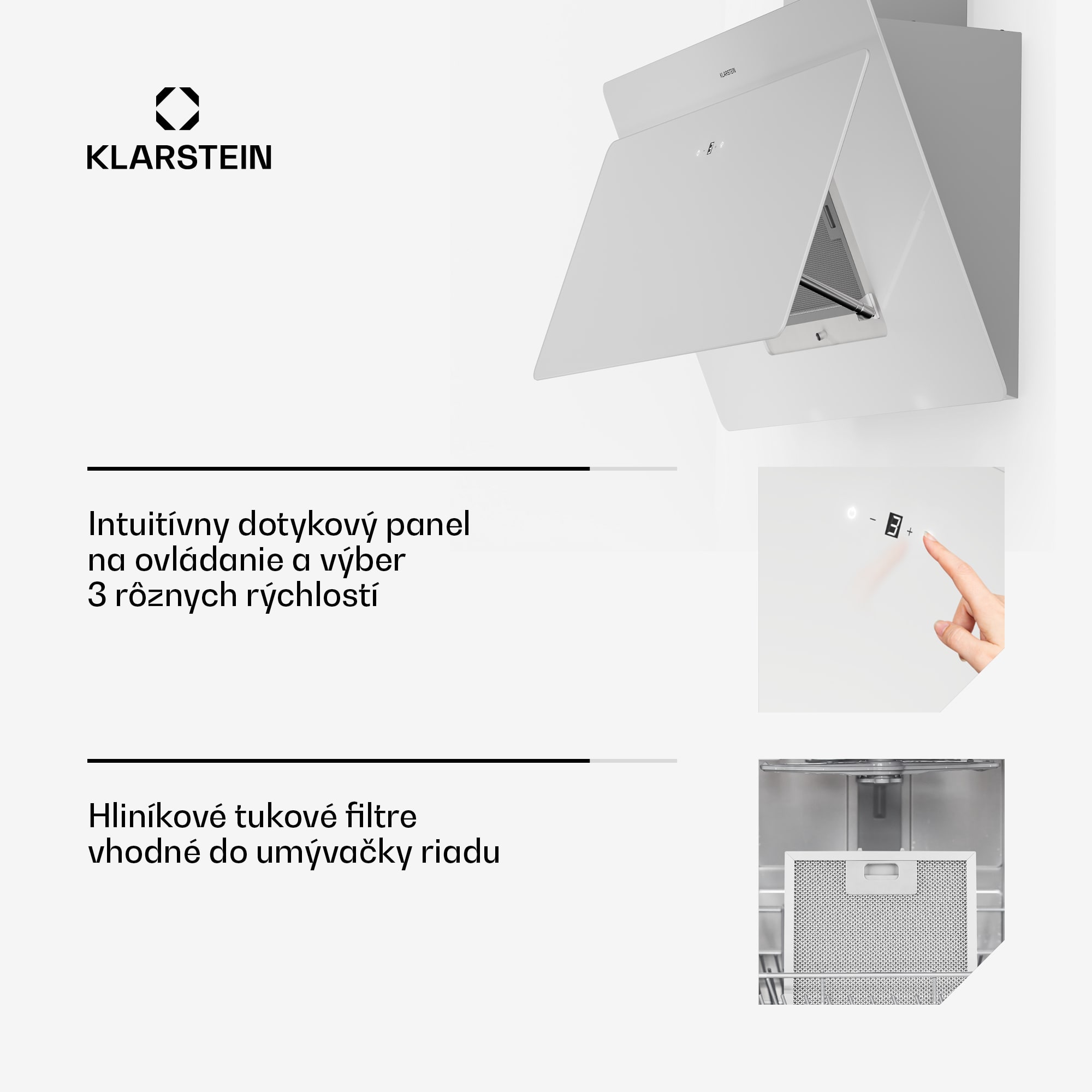 Klarstein Aurica 90, digestor, 90 cm, nástenný, 610 m³/h, LED, dotykové ovládanie, sklo, biely – Obrázok 5