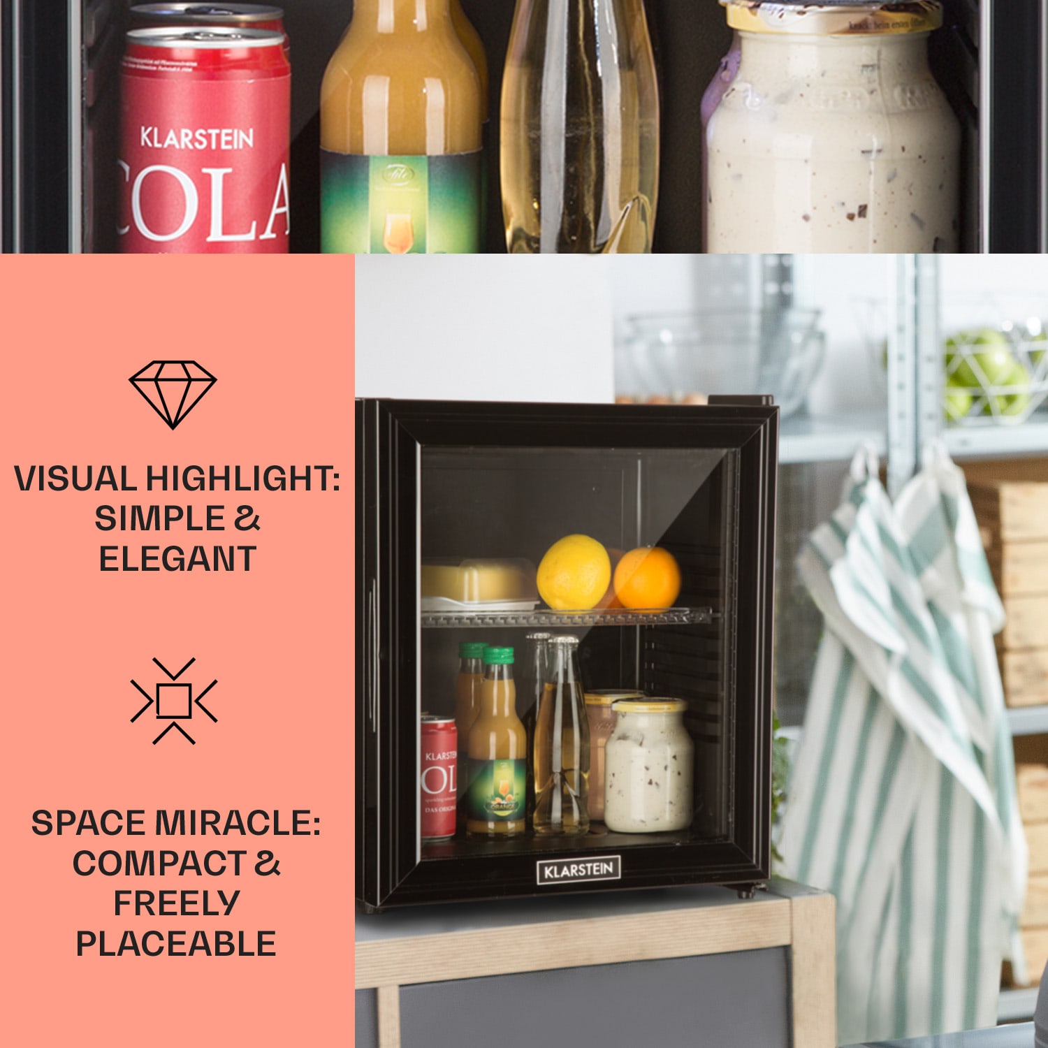 Klarstein Brooklyn 24, mini chladnička, sklenené dvierka, LED osvetlenie, police – Obrázok 2