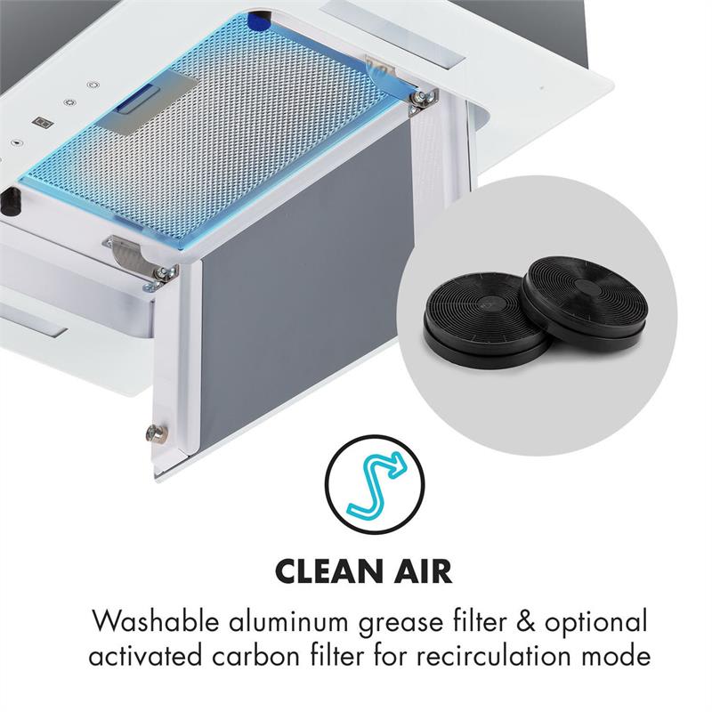 Klarstein Hektor, digestor, 52 cm, vstavaný, 530 m³/h, LED, dotykové ovládanie, sklo, biely – Obrázok 4