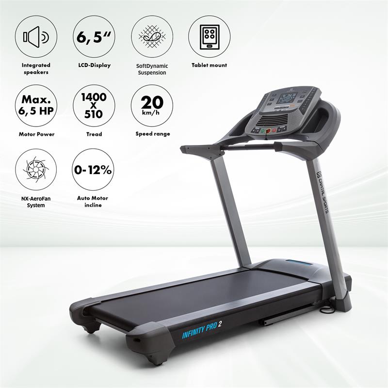 Capital Sports Infinity Pro 2.0, bežecký pás, 6,5 HP, BT/ANT+, aplikácia Kinomap, LCD