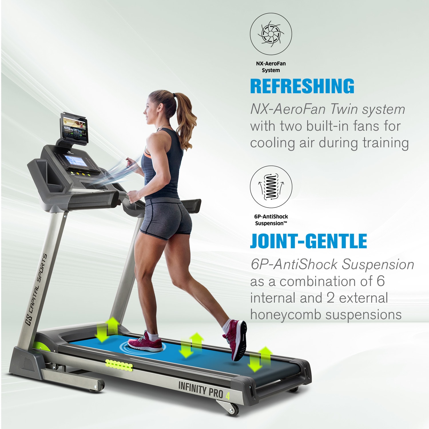 Capital Sports Infinity Pro 4.0, bežecký pás, 7 HP, BT, aplikácia Kinomap, LCD – Obrázok 2