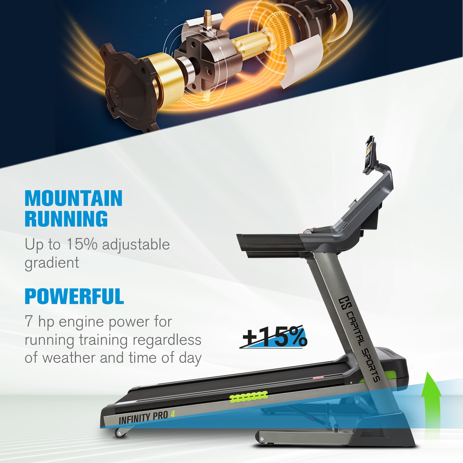 Capital Sports Infinity Pro 4.0, bežecký pás, 7 HP, BT, aplikácia Kinomap, LCD – Obrázok 4