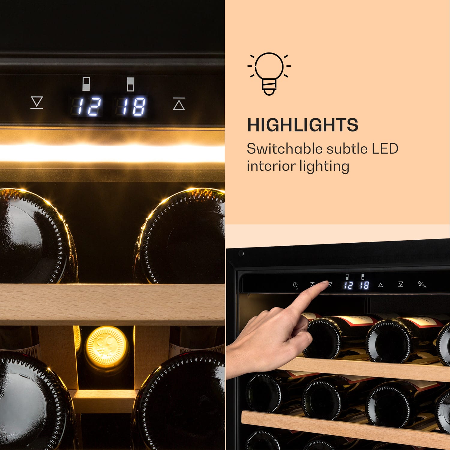 Klarstein Barossa 77 Duo, vinotéka, 191 l, 2 zóny, 77 fliaš, dotyková, LED, čierna – Obrázok 5