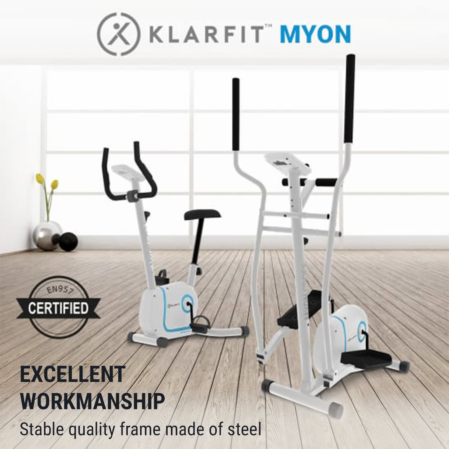 KLARFIT Myon Cross, eliptický trenažér, záťažové koleso 12 kg, SilentBelt System – Obrázok 2