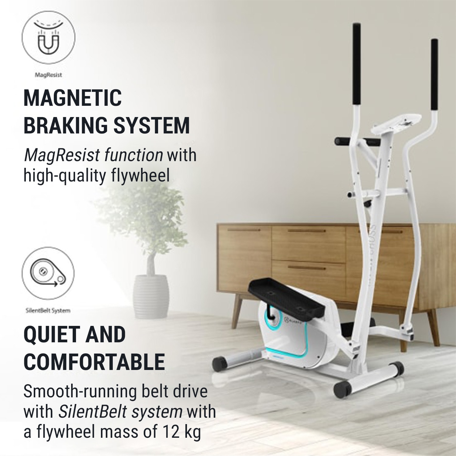 KLARFIT Myon Cross, eliptický trenažér, záťažové koleso 12 kg, SilentBelt System – Obrázok 4