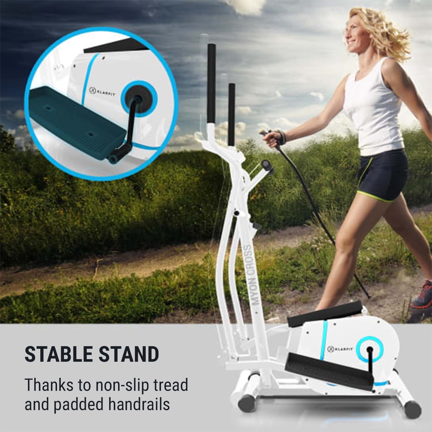 KLARFIT Myon Cross, eliptický trenažér, záťažové koleso 12 kg, SilentBelt System – Obrázok 5