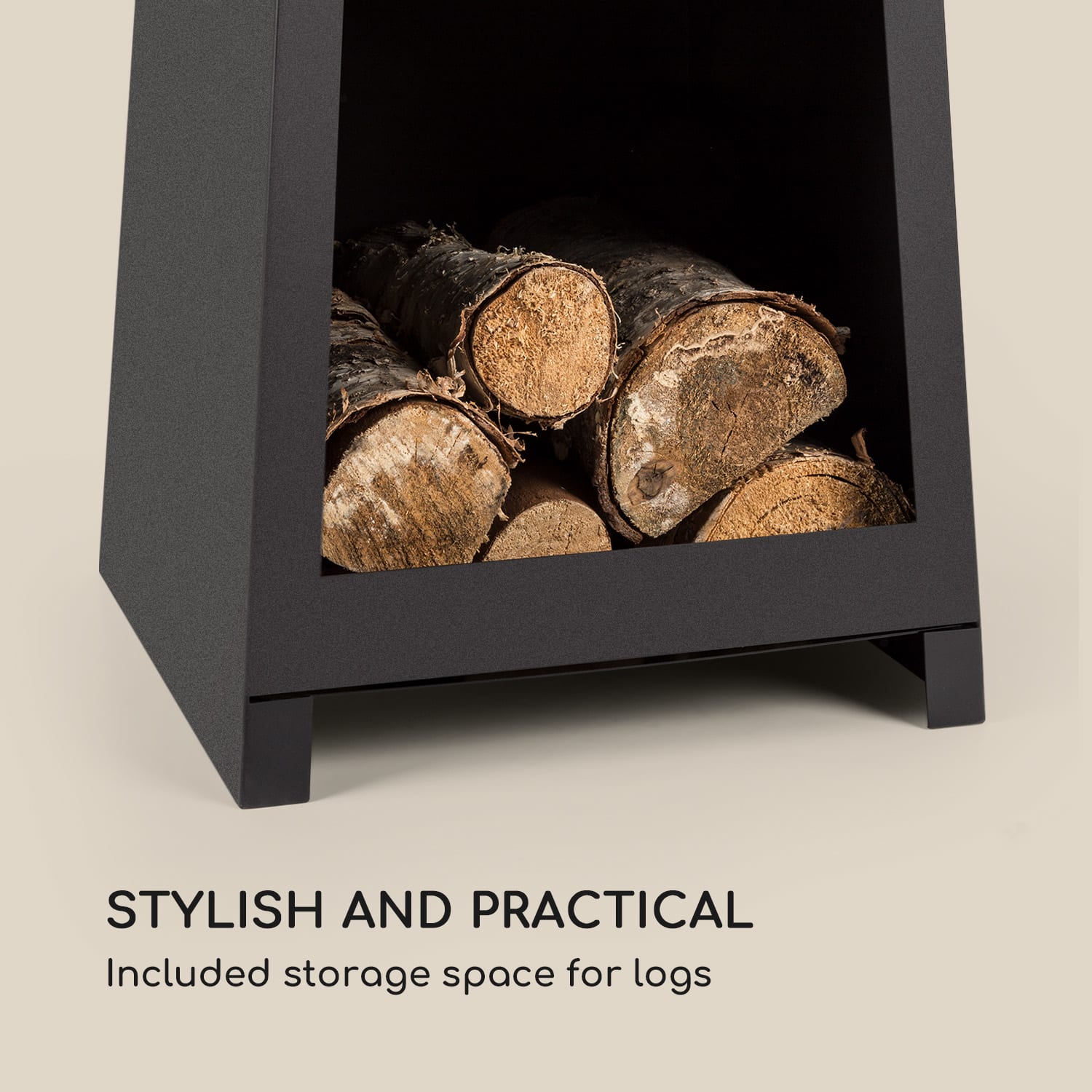 Blumfeldt Monument, záhradný krb, nehrdzavejúca oceľ, priestor na uskladnenie dreva, čierny – Obrázok 2