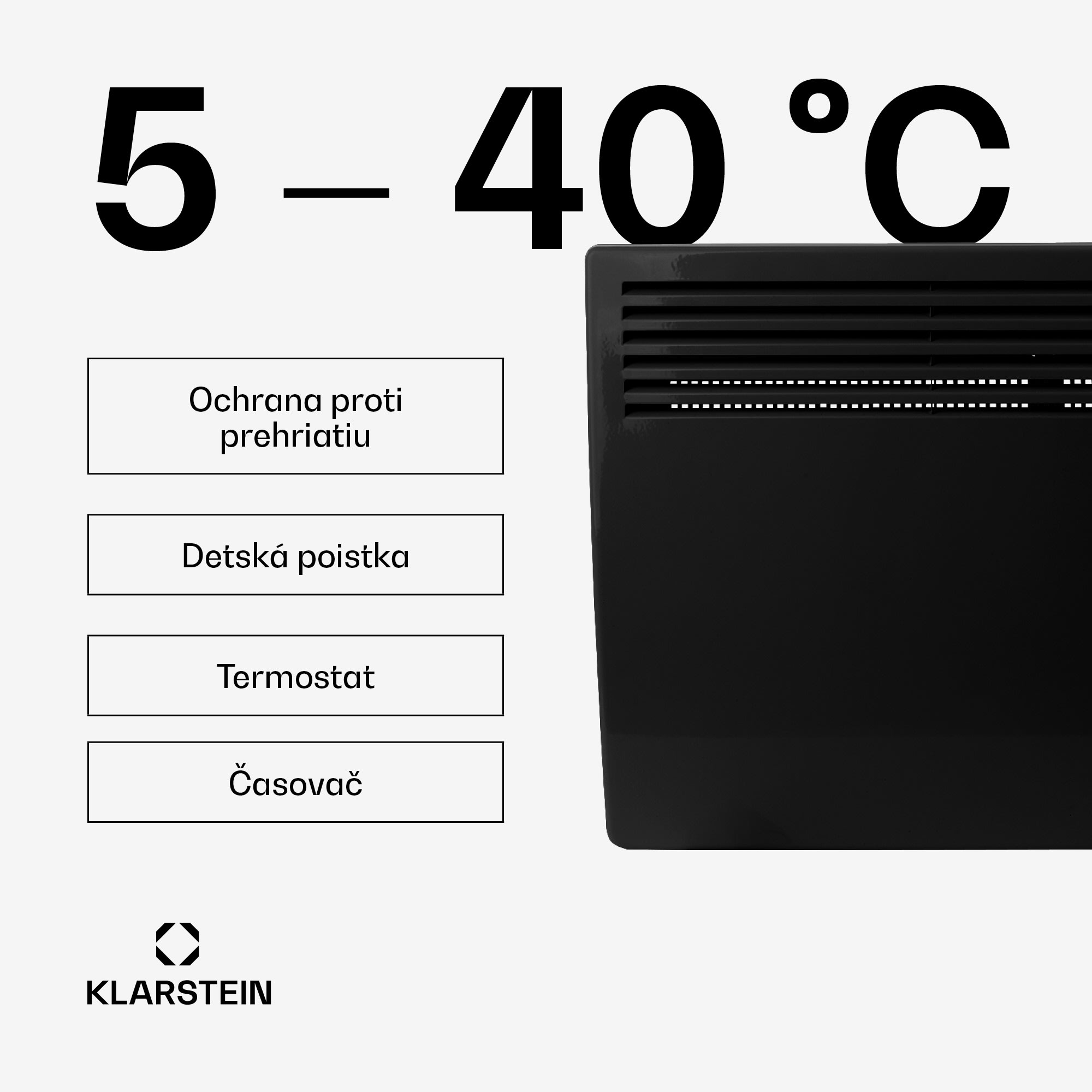 Klarstein Hot Spot Slimcurve, konvektor, ohrievač, 80 x 40 cm, 40 m², 2000 W, 5 - 40 °C, IP24, čierny – Obrázok 2