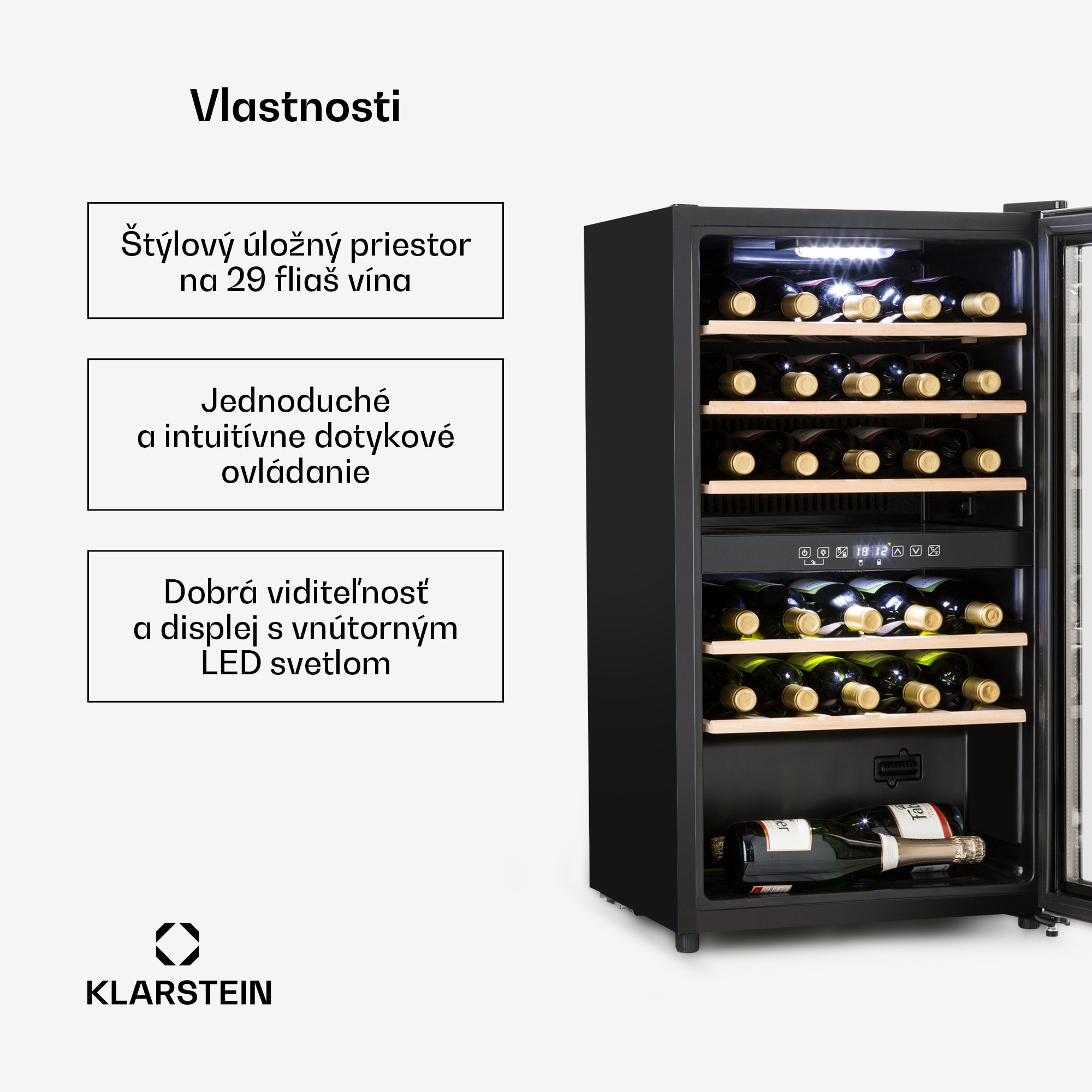 Klarstein Vinamour 29D, vinotéka, 2 zóny, 80 l, 29 fliaš, 5-22°C, dotykové ovládanie