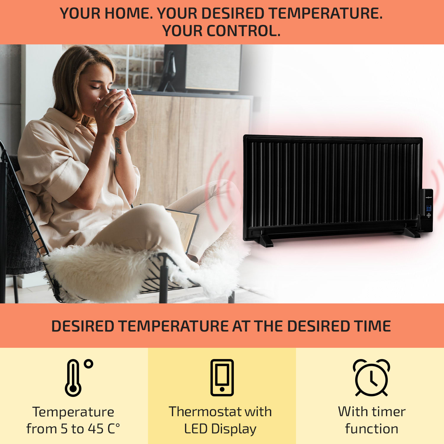 OneConcept Wallander, olejový radiátor, 1000 W, termostat, olejové vyhrievanie, plochý dizajn, čierny – Obrázok 2