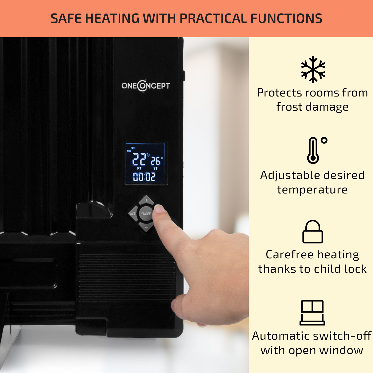 OneConcept Wallander, olejový radiátor, 1000 W, termostat, olejové vyhrievanie, plochý dizajn, čierny – Obrázok 3