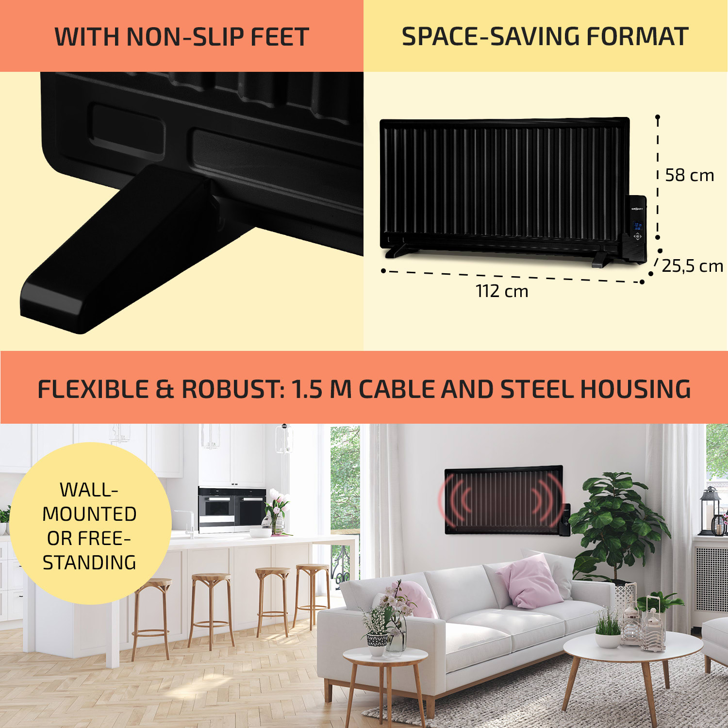 OneConcept Wallander, olejový radiátor, 1000 W, termostat, olejové vyhrievanie, plochý dizajn, čierny – Obrázok 5