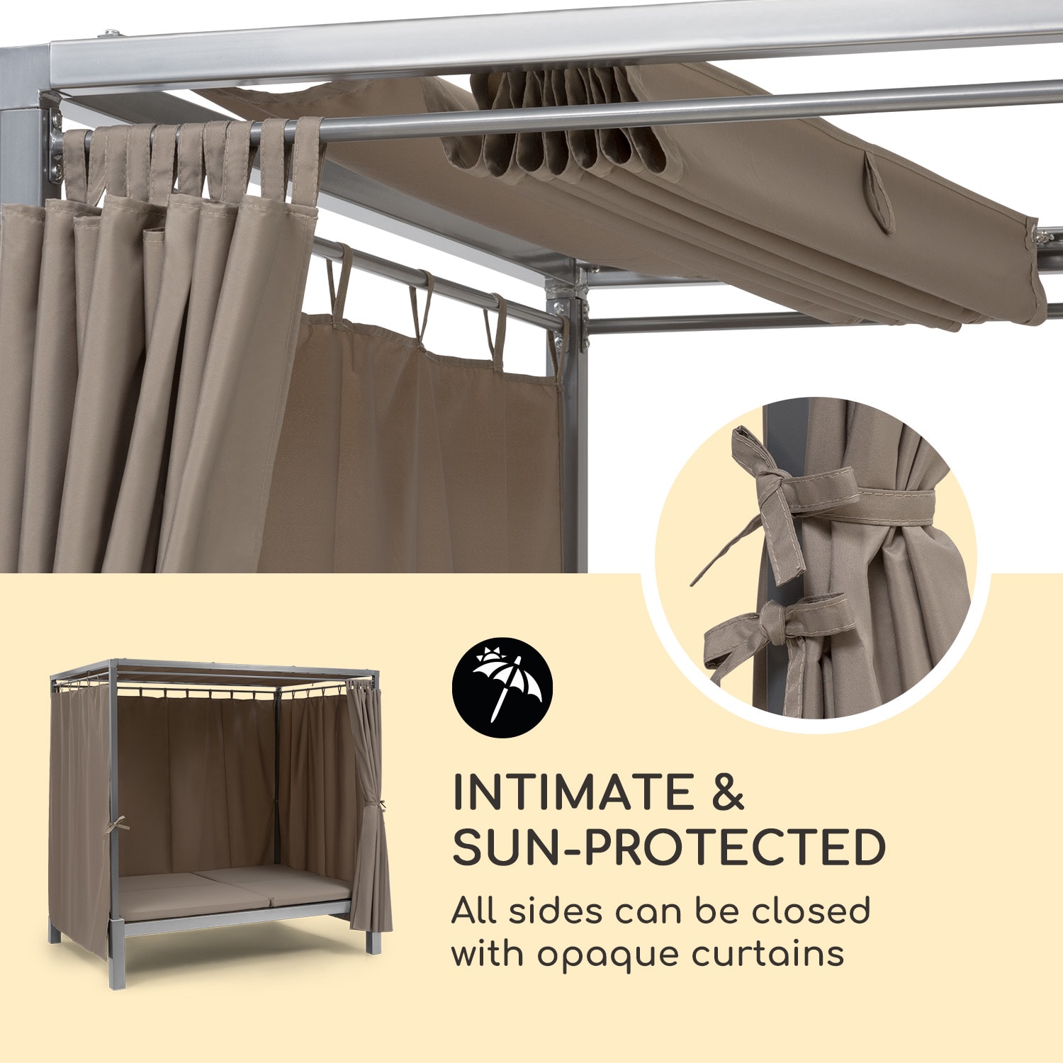 Blumfeldt Eremitage Double Sunbed, lehátko, pre 2 osoby, oceľový rám, slnečná strieška, závesy, taupe – Obrázok 2