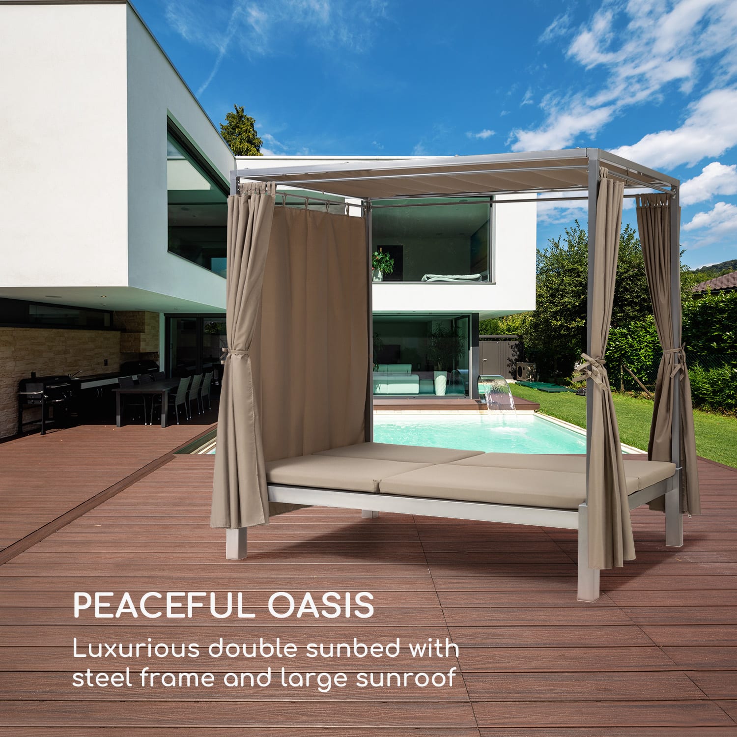 Blumfeldt Eremitage Double Sunbed, lehátko, pre 2 osoby, oceľový rám, slnečná strieška, závesy, taupe – Obrázok 3