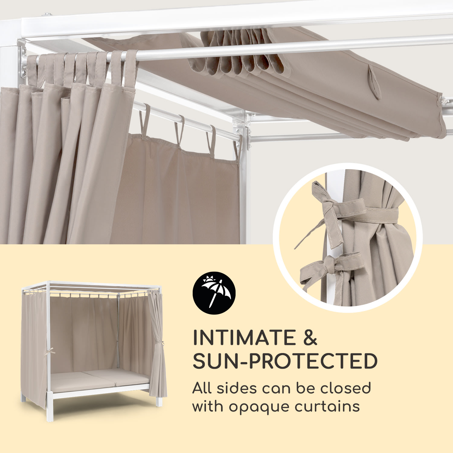 Blumfeldt Eremitage Double Sunbed, lehátko, pre 2 osoby, oceľový rám, slnečná strieška, závesy, krémové – Obrázok 2