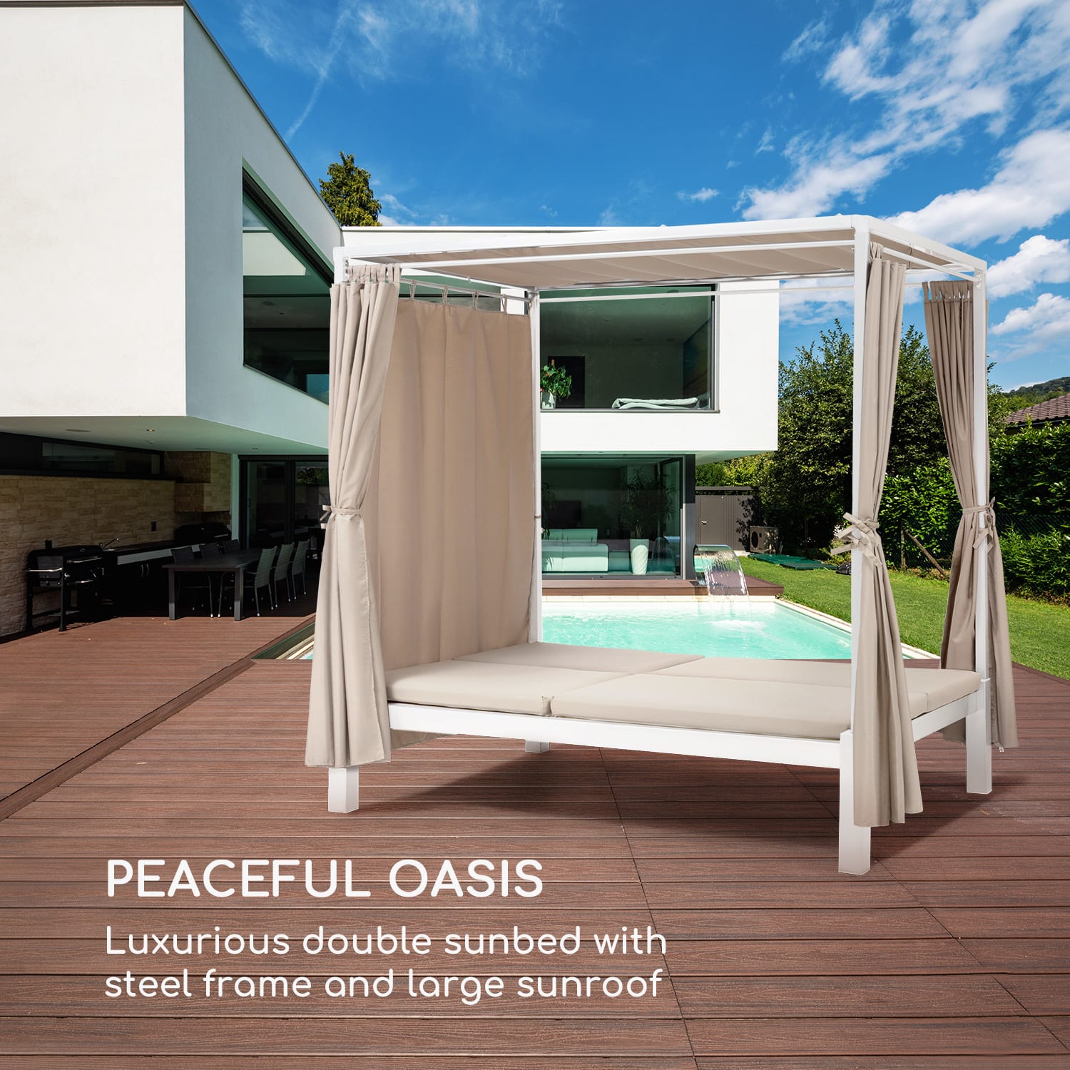 Blumfeldt Eremitage Double Sunbed, lehátko, pre 2 osoby, oceľový rám, slnečná strieška, závesy, krémové – Obrázok 3